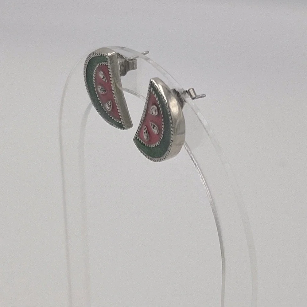Avon Watermelon Slice Enamel Stud Earrings Silver Tone Vintage Summer Jewelry